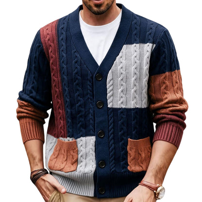 Retro Mens Color-block Hemp-flower Cardigan Sweater