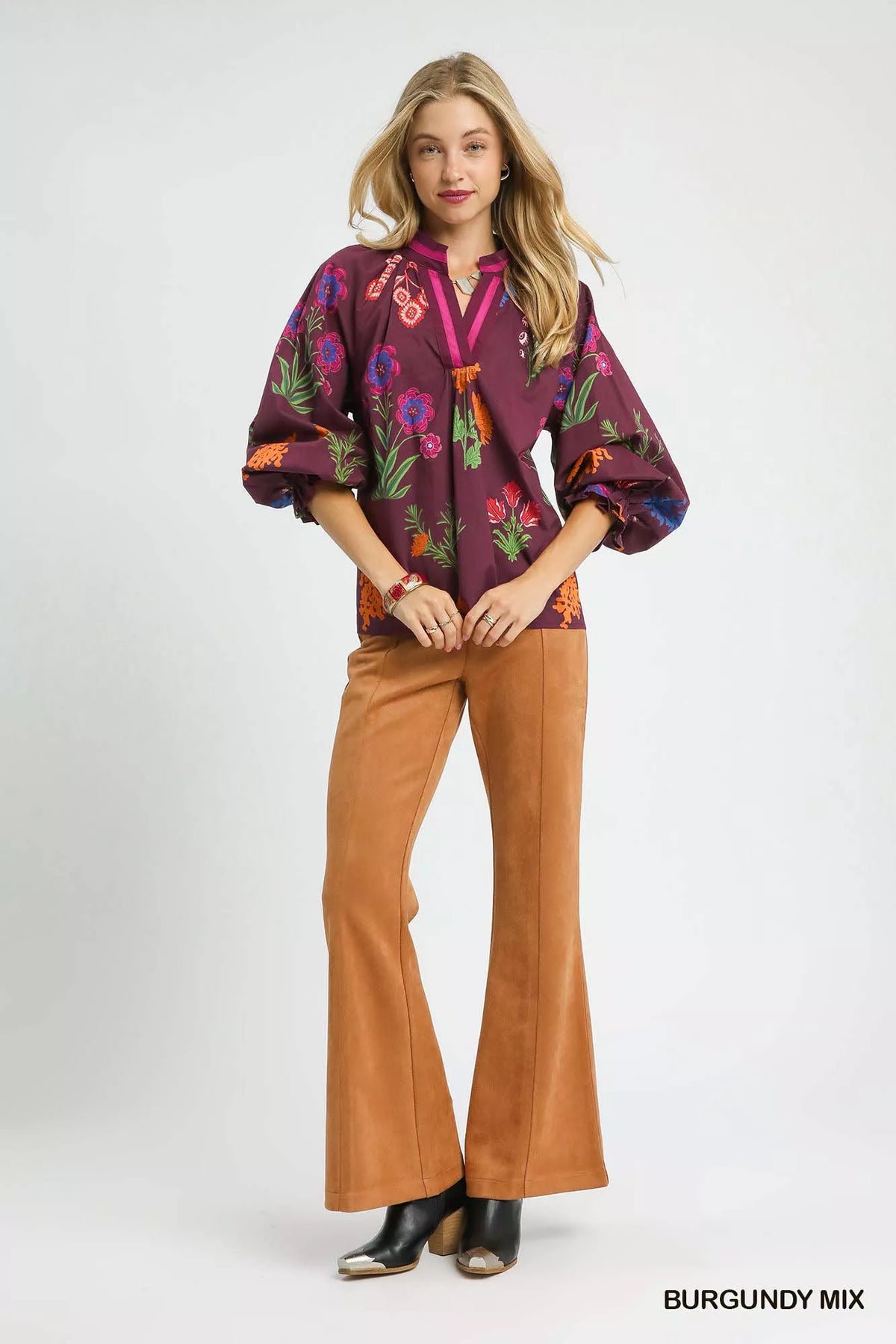 Umgee Floral Print Flounce Sleeve Blouse
