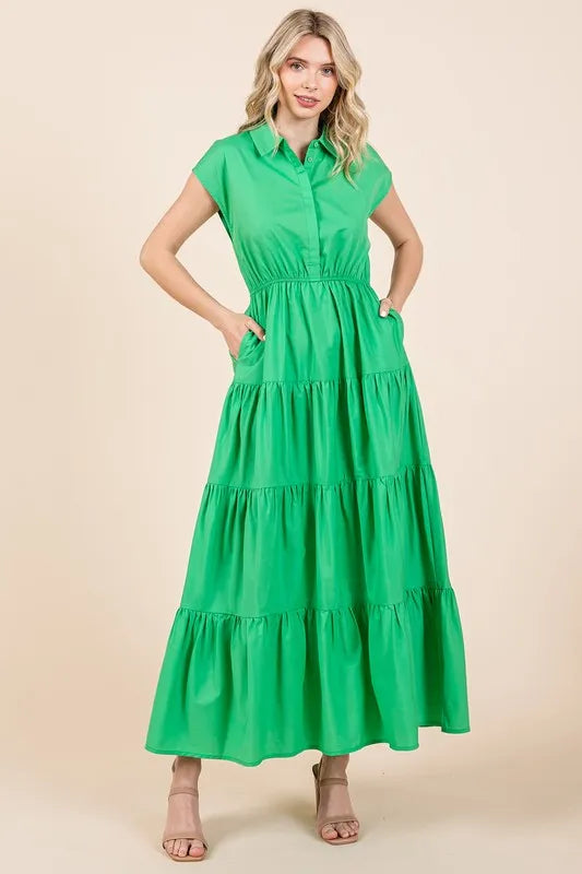 Mittoshop Button Up Collared Tiered Maxi Shirt Dress