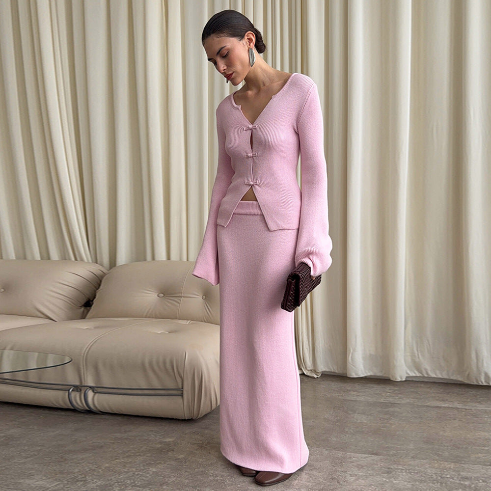 Bell-sleeve Cardigan And High-waisted Straight Long Skirt Two-piece Set