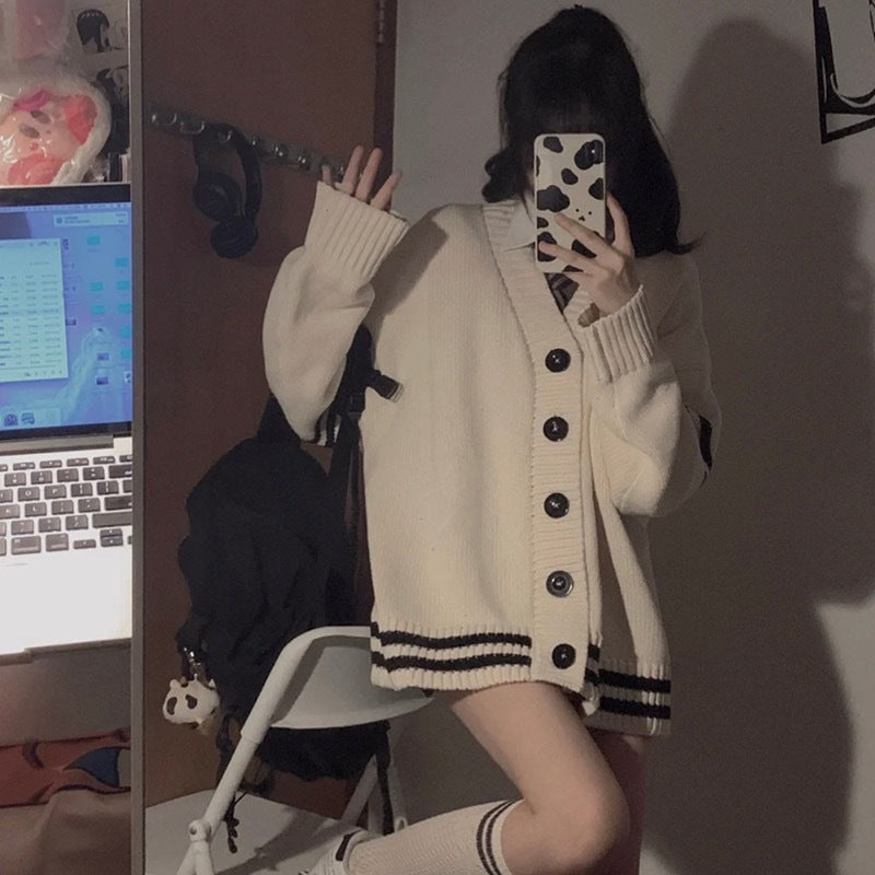 Design-focused Relaxed-fit Preppy-style Long-sleeve Knitted Cardigan