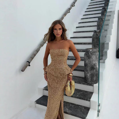 Womens Solid-color Sequined Strapless Dress With Ruffled Hem And Side Slit