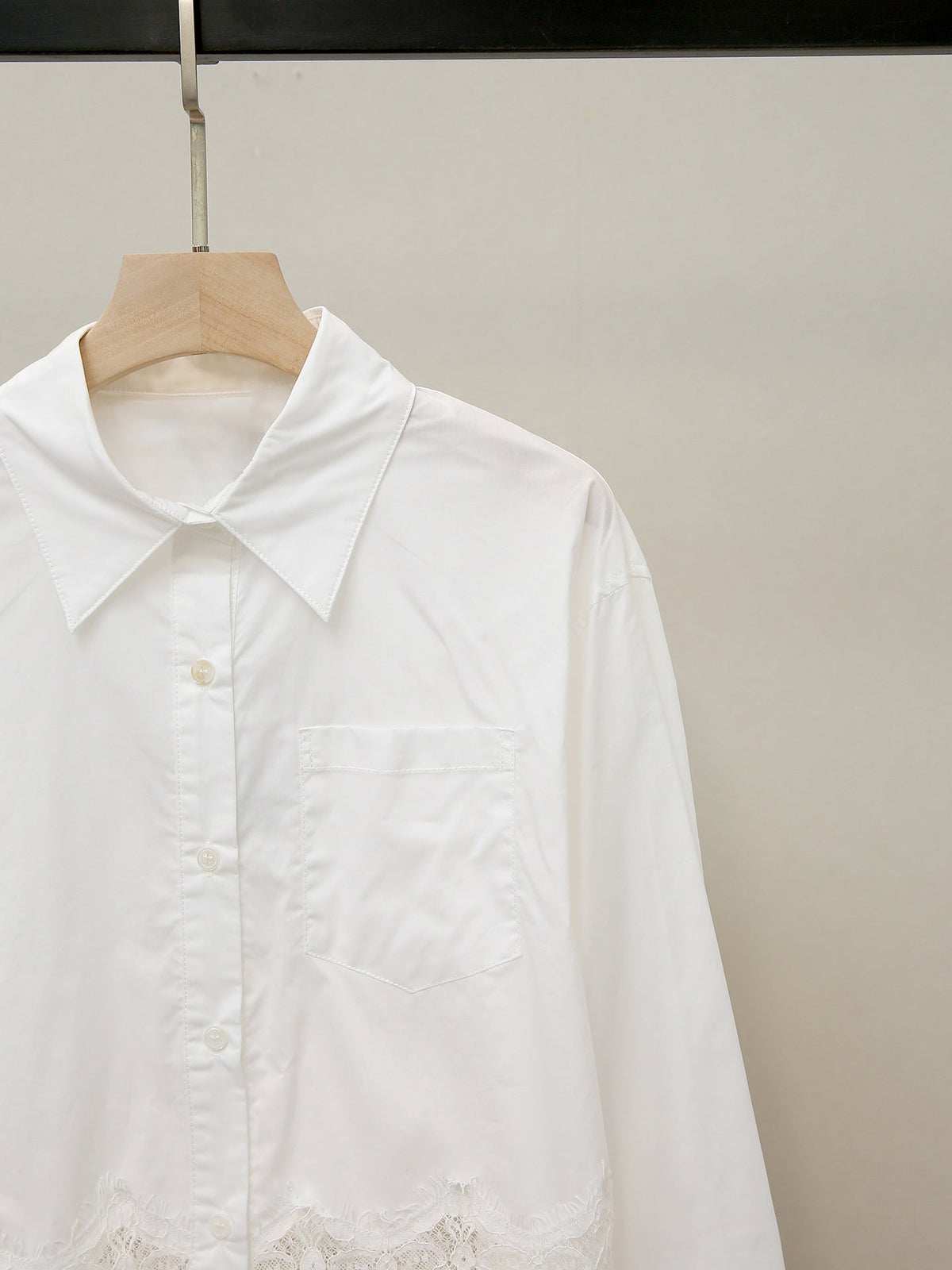 Lapel-neck Lace-panel Long-sleeve Blouse For Women