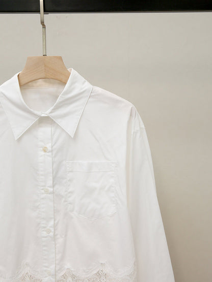 Lapel-neck Lace-panel Long-sleeve Blouse For Women
