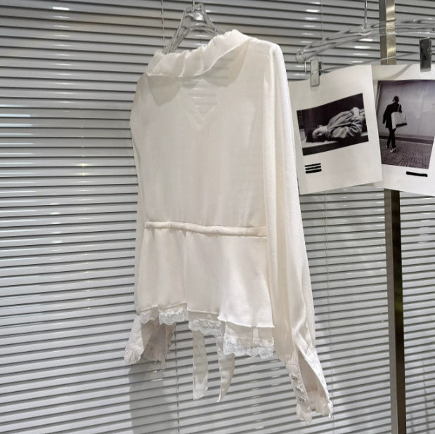 V-neck Ruffled Waist-cinching Long-sleeve Chiffon Blouse Top