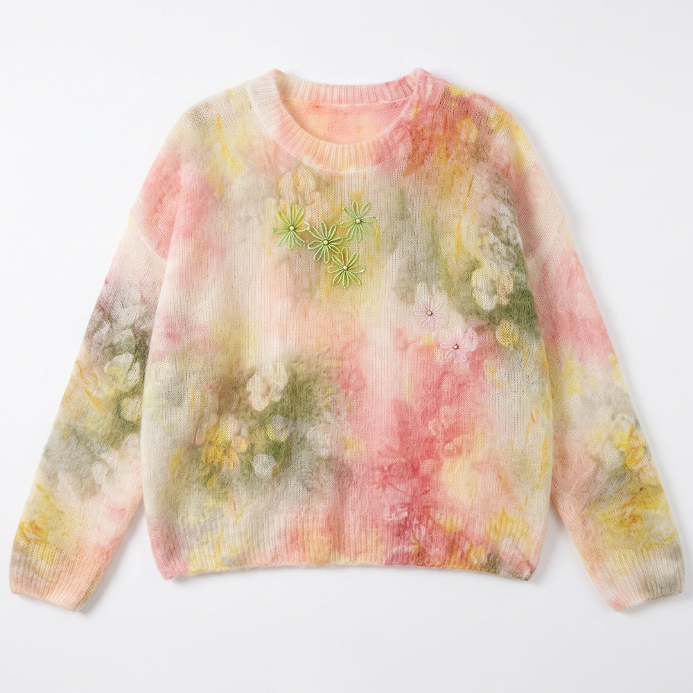 Rhinestone Embellished Floral Mohair-Blend Pullover Sweater