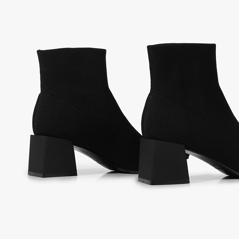 All-match Stretch Knitted High Heel Solid Color Chunky Heel Square Toe Booties Women