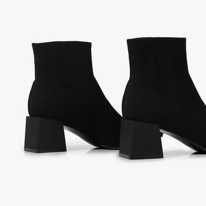 All-match Stretch Knitted High Heel Solid Color Chunky Heel Square Toe Booties Women
