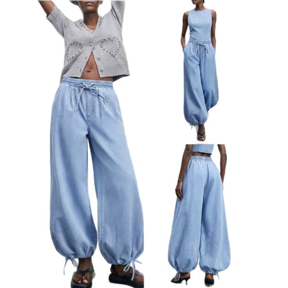 Draping Wide-leg Washed Denim Pants With A Drawstring Elastic Waist And Ankle Cuffs