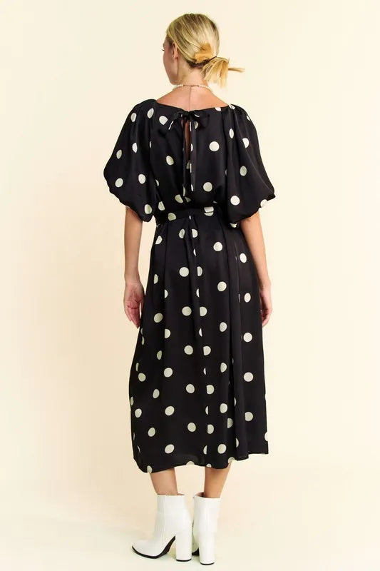 Davi & Dani Polka Dot Puff Sleeves Waist Tie Midi Dress