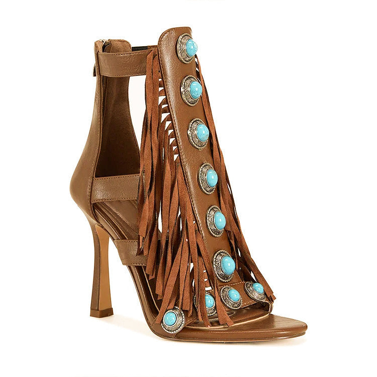 Women's Zipper Round Toe Hollow Tassel Sandals
