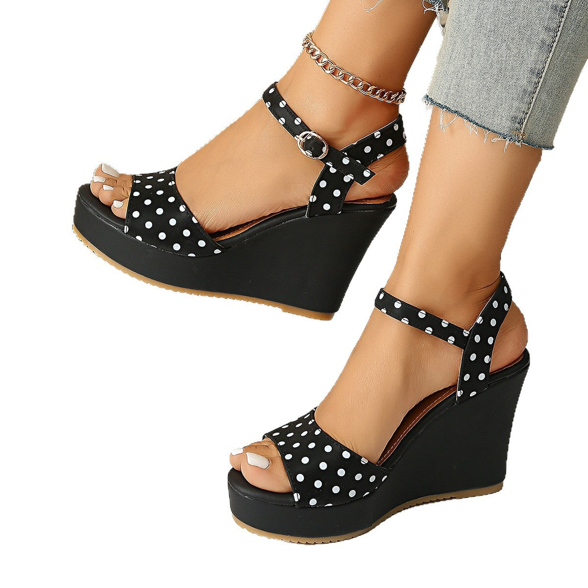 Womens Platform Wedge Sandals With Polka Dots And A Waterproof Sole