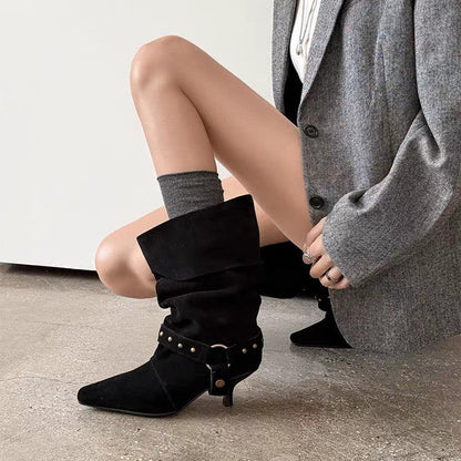 Women's Vintage Short Boots, 2026 Autumn Winter New Rivet Pointed Toe Mid Cuff Slouchy Ruched Stiletto Heel Boots With Belt Buckle