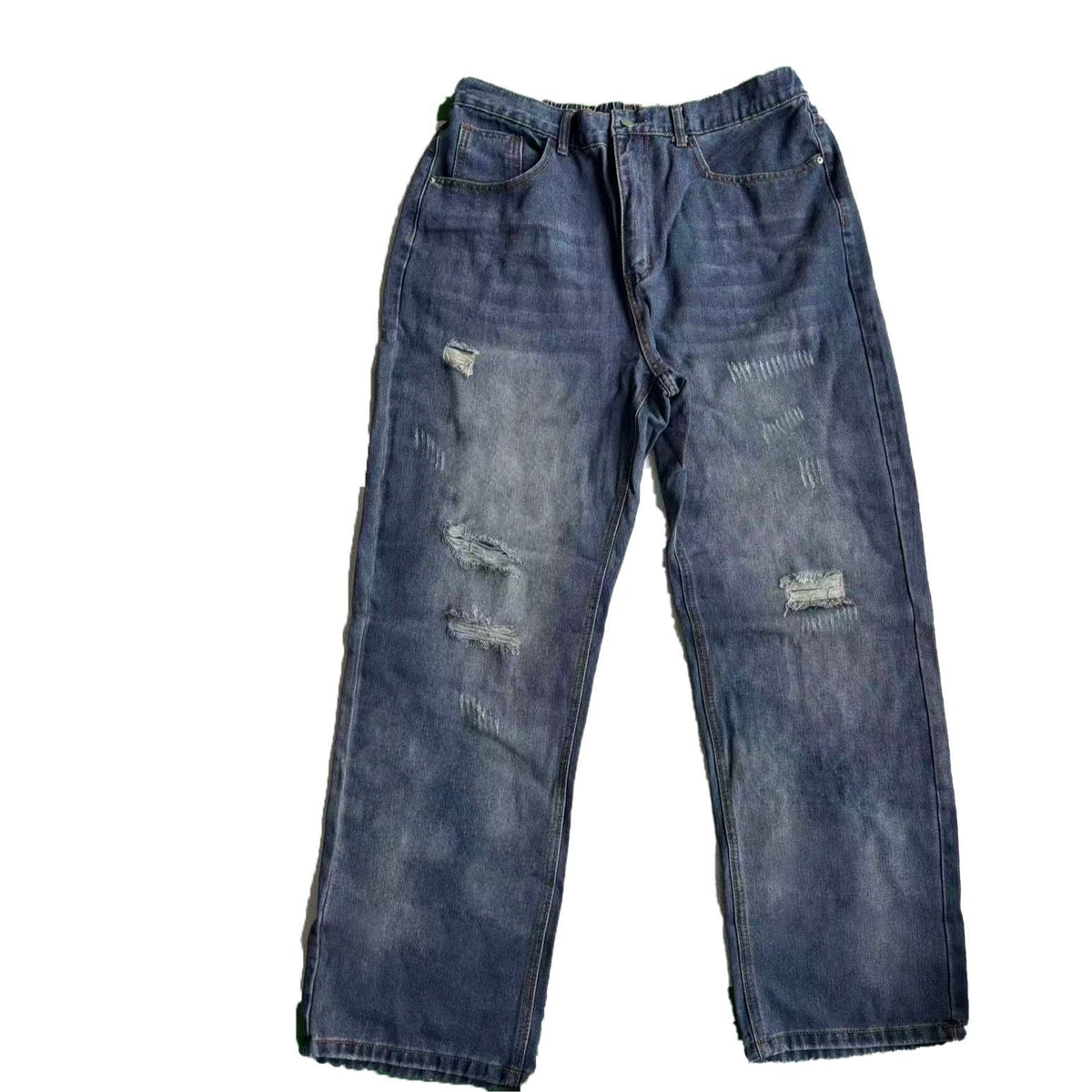 Mens Distressed Washed Ripped Baggy Straight Leg Denim Jeans