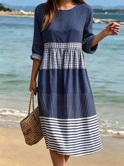 Womens Casual Patchwork Cotton-Linen Dress
