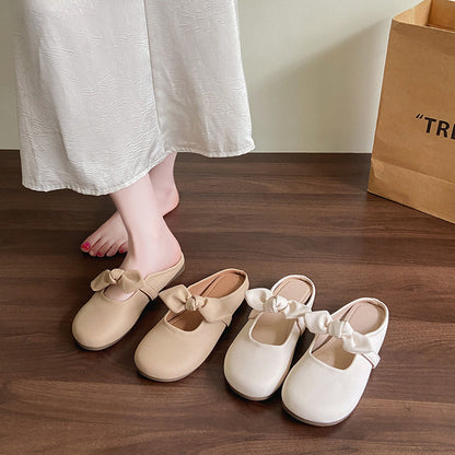 Women Gentle Girly Big Satin Bow Backless Mule Flats Matching Daily