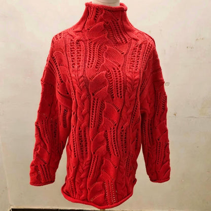 Women's Turtleneck Hollow Cable Knit Sweater, 2026 Fall Winter Loose Long Sleeve Pullover, Solid Color Knit Base Top