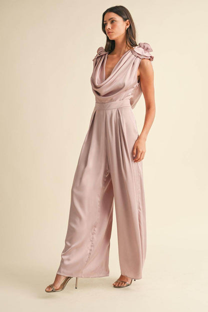 MABLE 3D Floral Applique Deep Cowl Neck Jumpsuit Elegance