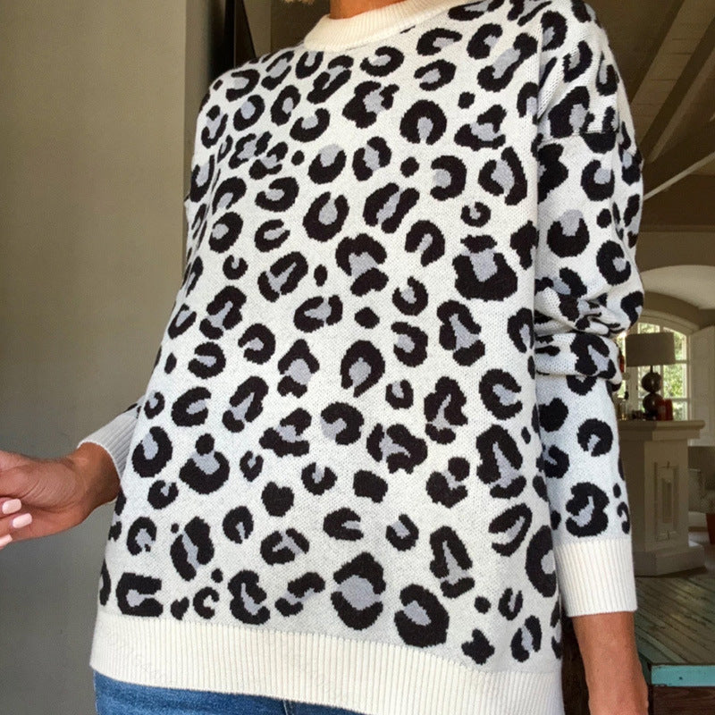 Womens Winter Clothing Round-Neck Jacquard Knit Loose-Fit Sweatshirt With Animal Print