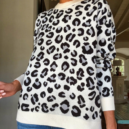 Womens Winter Clothing Round-Neck Jacquard Knit Loose-Fit Sweatshirt With Animal Print