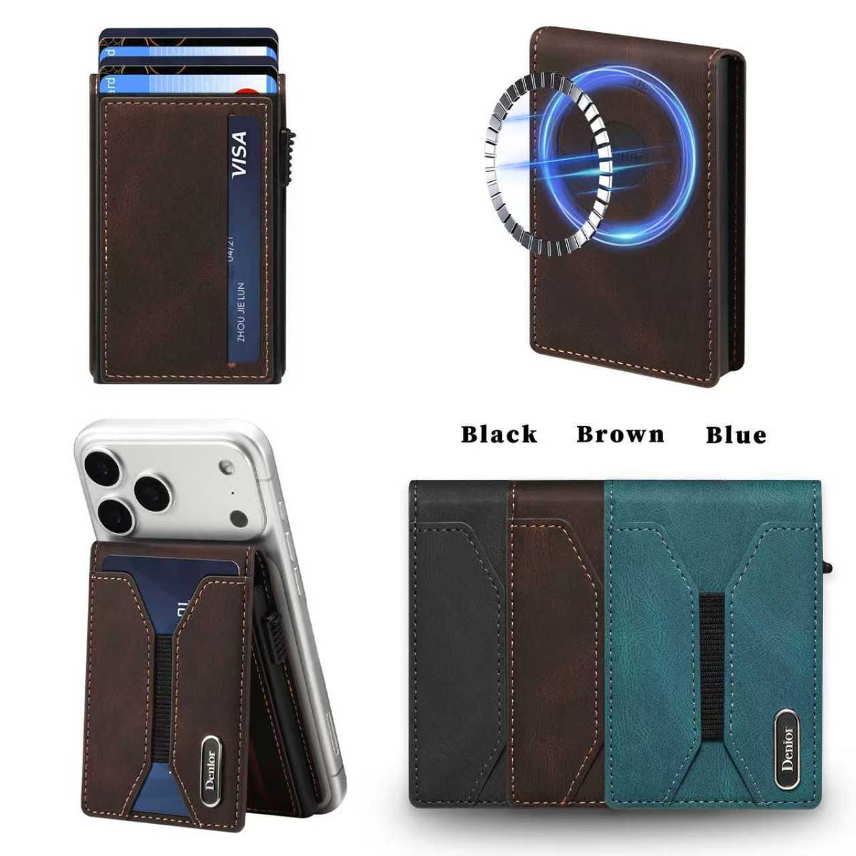 Smooth Leather Button-operated Automatic Pop-up Card Case With Elastic Band Wallet