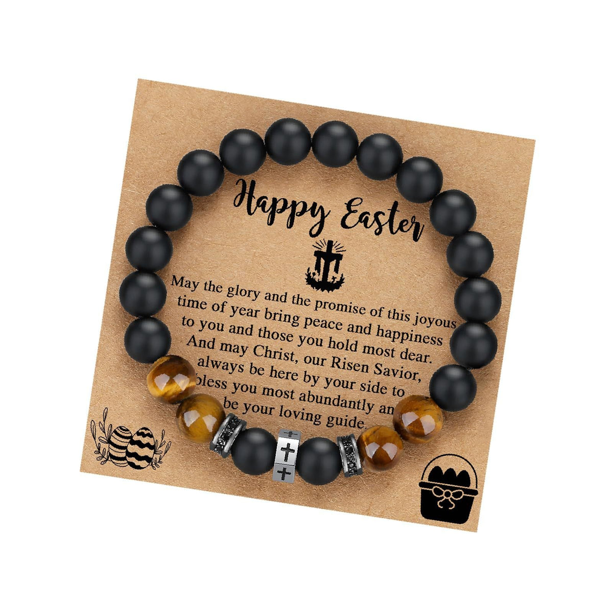Tigers Eye Stone And Stainless Steel Cross Beaded Bracelet