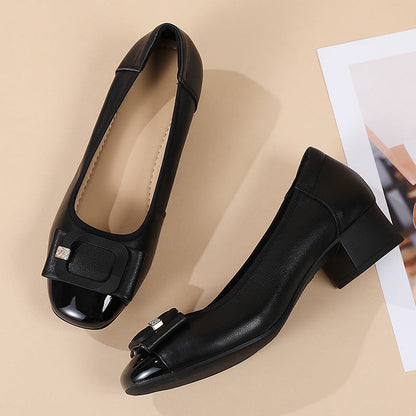Women's Bow Knot Square Toe Low Heel Slip On Pumps Full Grain Cowhide Casual Shoes
