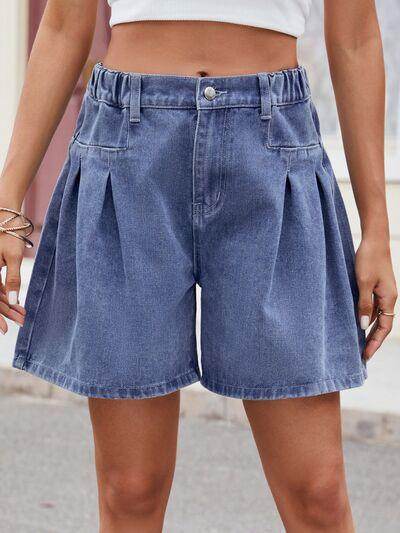 Ruched Half Elastic Waist Denim Shorts for Women Comfort