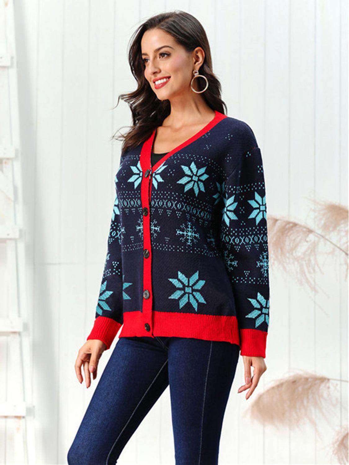 Snowflake Pattern Button Down Cardigan for Winter Style