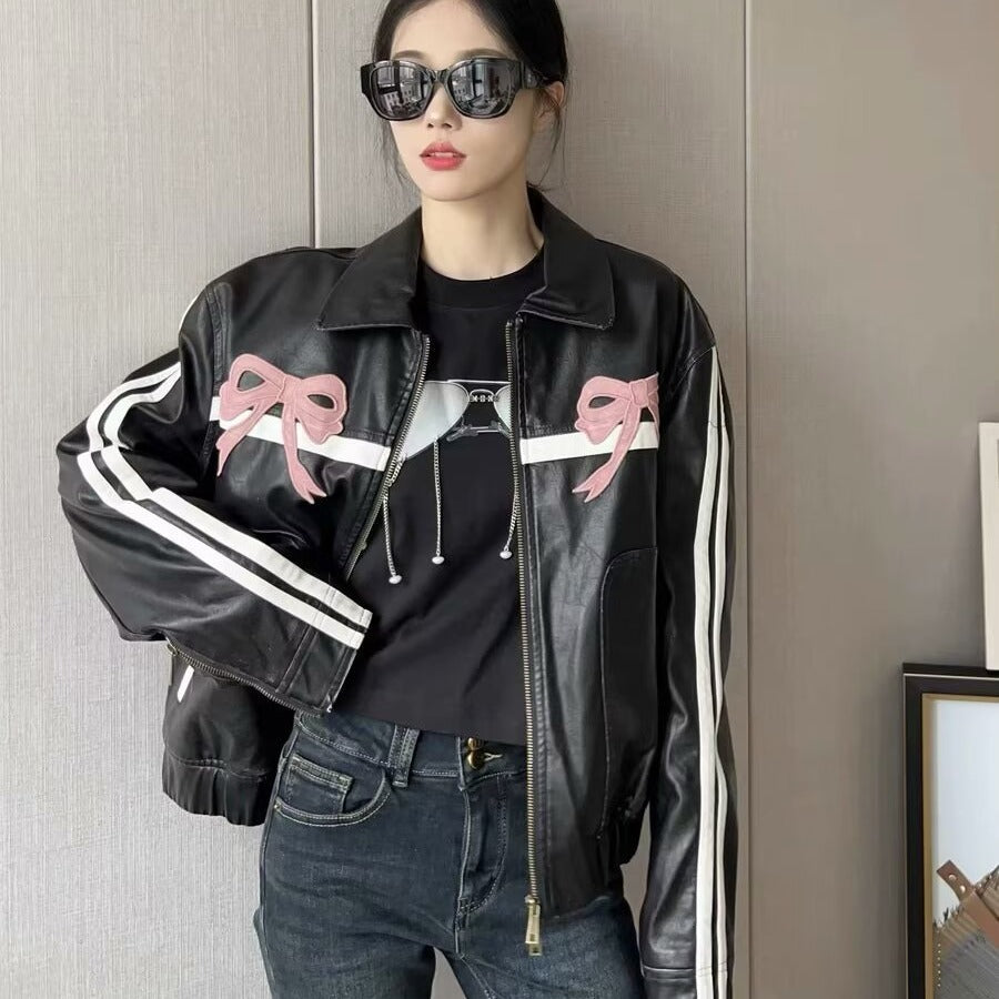 Women's Bow-Knot Zipper Leather Jacket