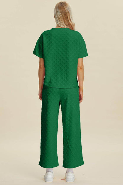 Double Take Full Size Texture Round Neck Top and Pants Set