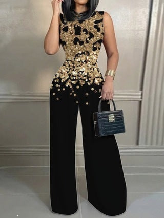 Elegant Round-neck Jumpsuit With A Printed Pattern Pockets And Wide Legs