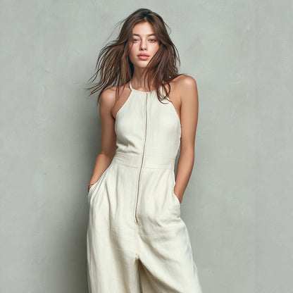 Womens Solid-color Zip-front Backless Wide-leg Relaxed-fit Jumpsuit