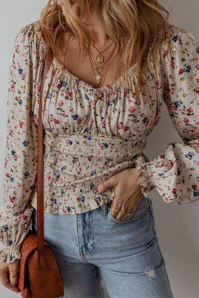 Ruched Printed Scoop Neck Long Sleeve Blouse for Women