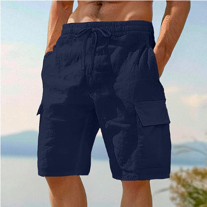 Beach Shorts With Elastic Waist Drawstring Multiple Pockets Solid Color