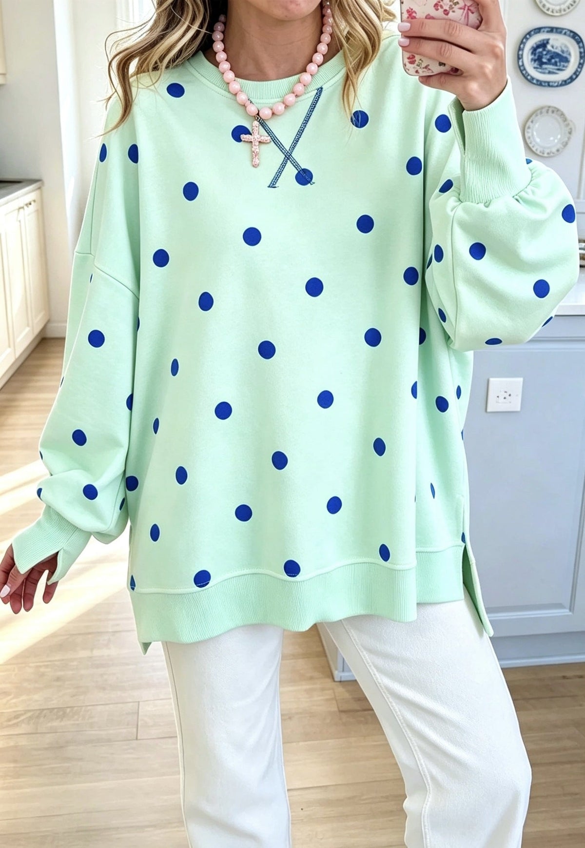 Womens Polka-Dot Print Pullover Long-Sleeve Sweatshirt