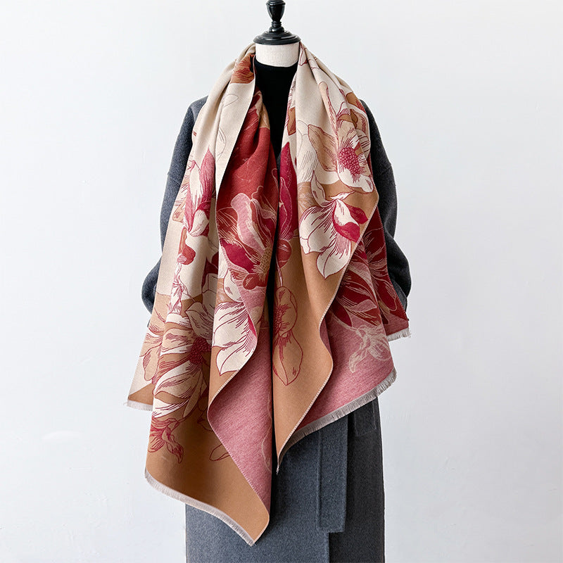 Chinese-style Landscape And Floral Cashmere-look Scarf