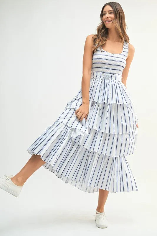 MABLE Pin Stripe Smocked Bodice Layered Midi Dress