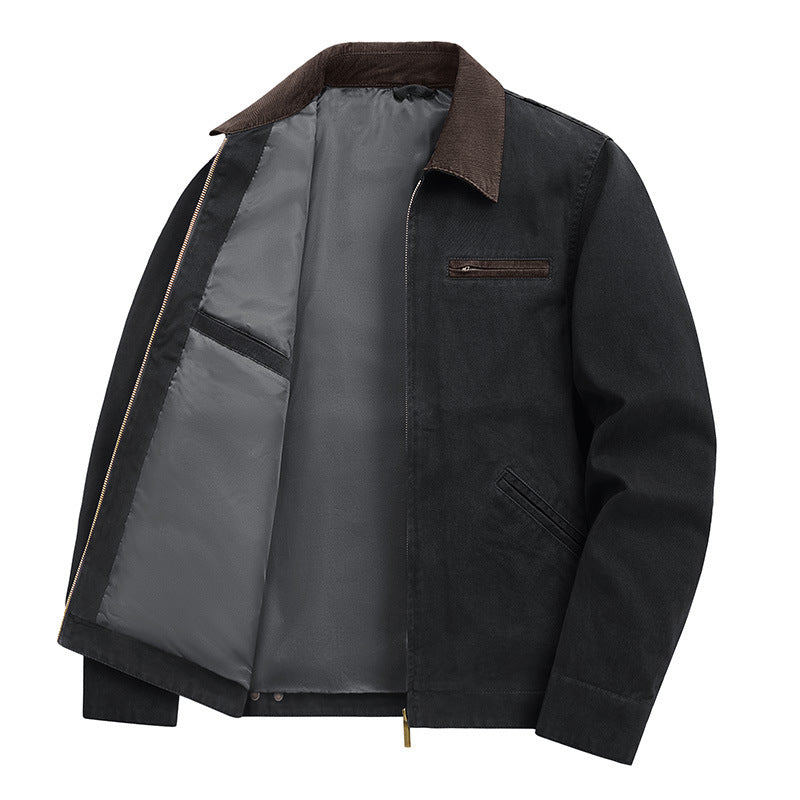 Lightweight Loose-fit Plus-size Washed Work Jacket With A Lapel Collar