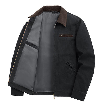 Lightweight Loose-fit Plus-size Washed Work Jacket With A Lapel Collar