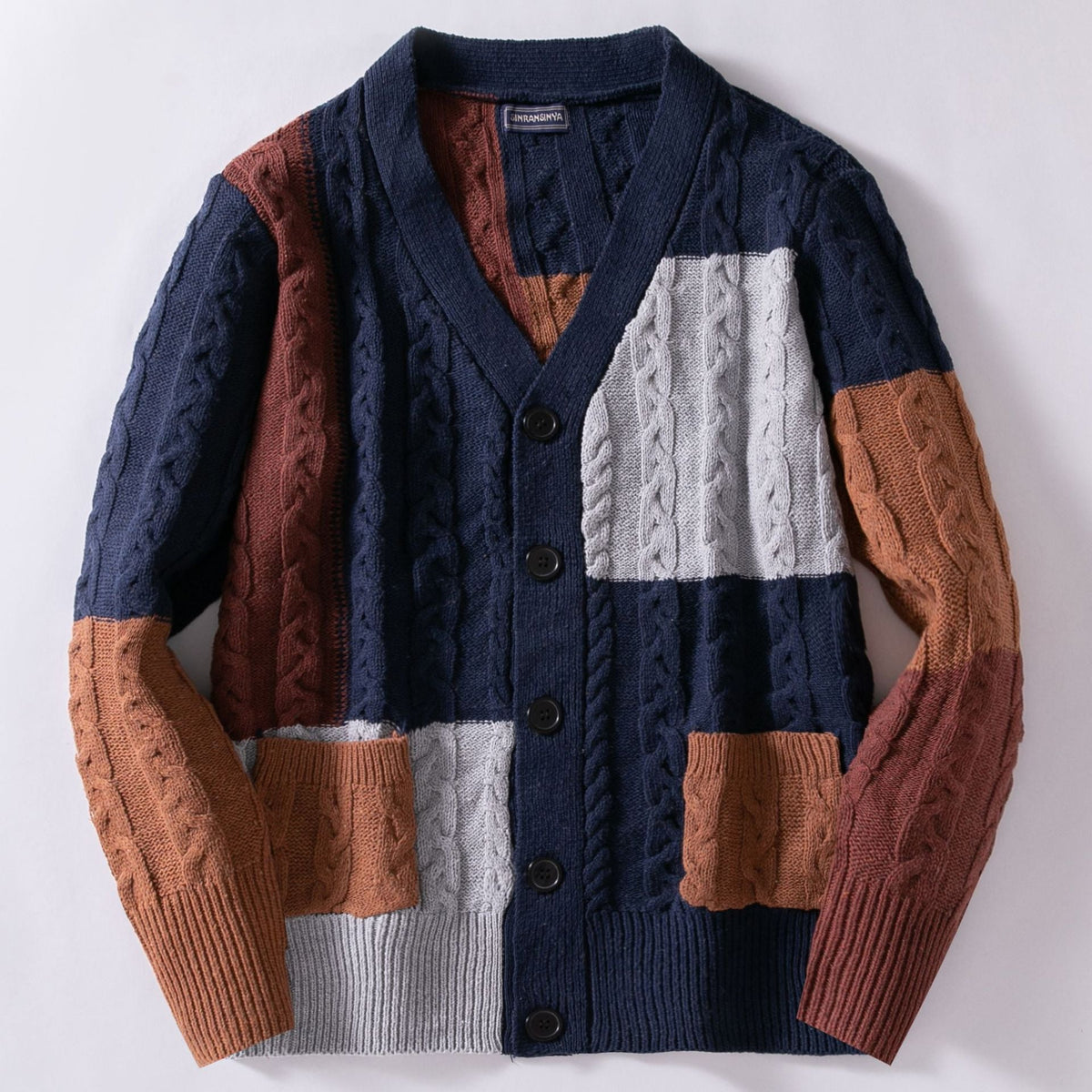 Retro Mens Color-block Hemp-flower Cardigan Sweater