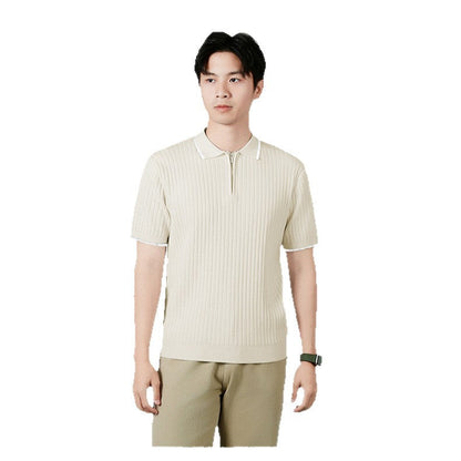 Men's Half-zip Ice Silk Knitted Lapel Vertical Striped Top