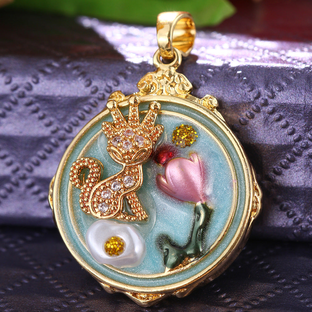 Floral-Painted Dripped-Glaze Universal-Clip Necklace DIY Pendant