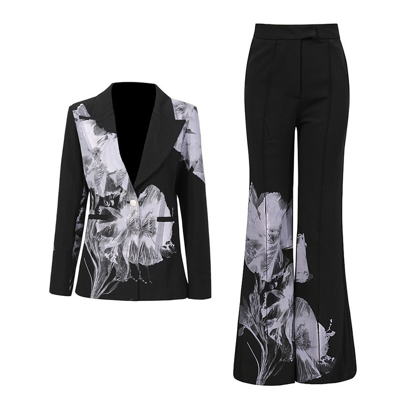 Ink Floral Print Blazer & Flared Trousers Two-Piece Suit