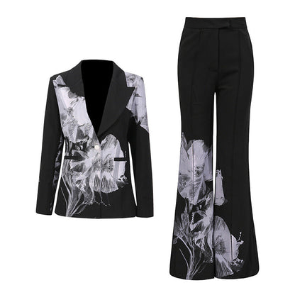 Ink Floral Print Blazer & Flared Trousers Two-Piece Suit