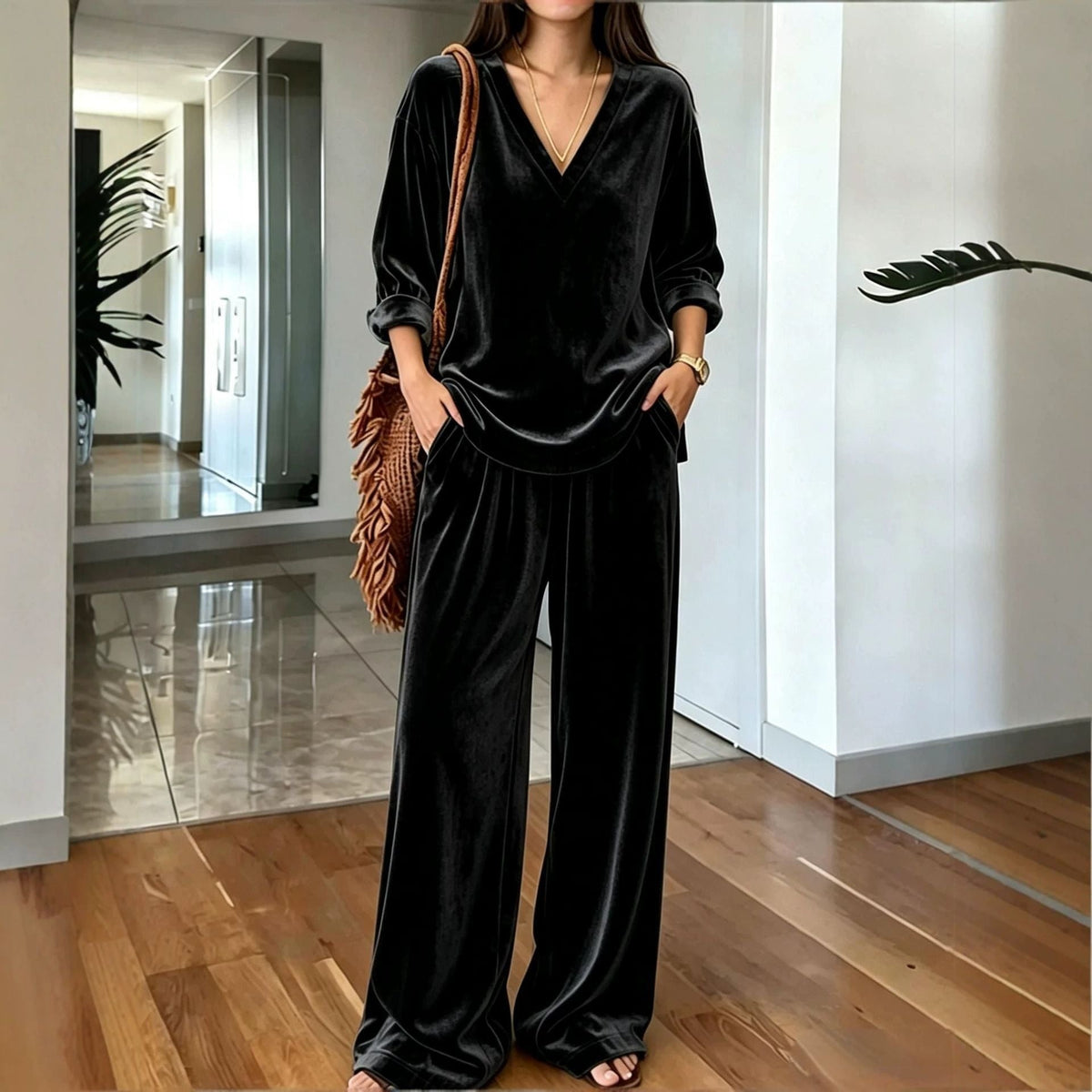 Women's Solid Color V-Neck Top And Wide-Leg Pants Set