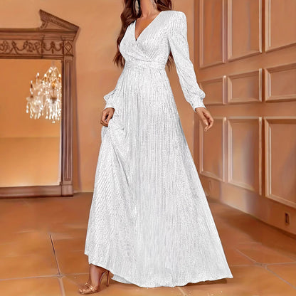 Elegant Dinner Sequined Long Sleeve V-neck High Waist Evening Dress