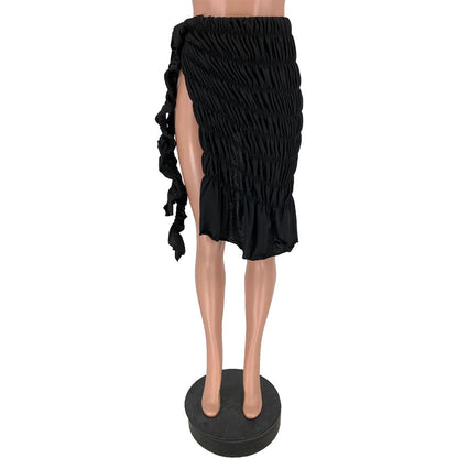 Solid Pleated Split Skirt Women