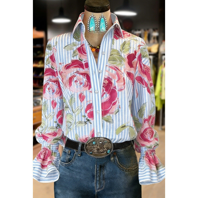 Women's Lace-trimmed Long-sleeve Collared Blouse