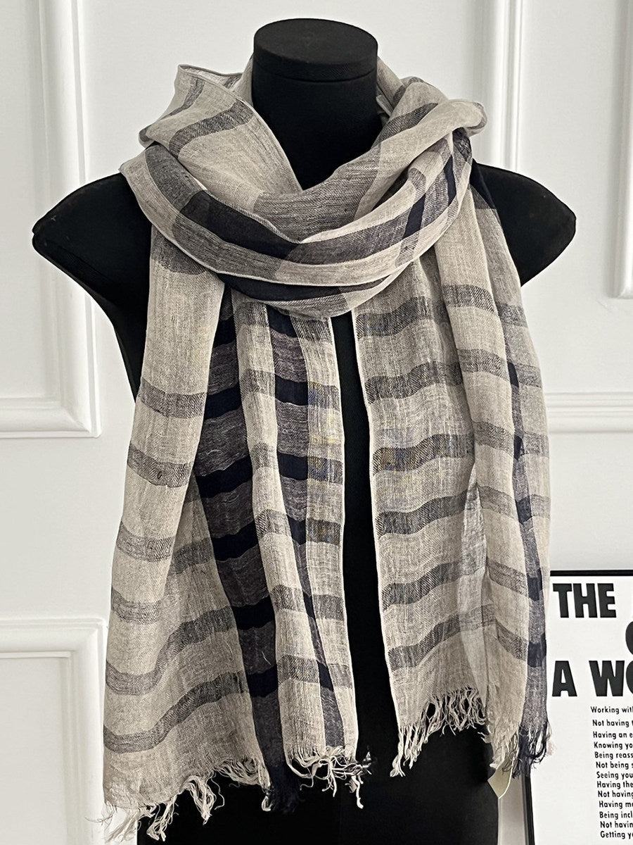 Womens Linen Striped Long Scarf Shawl